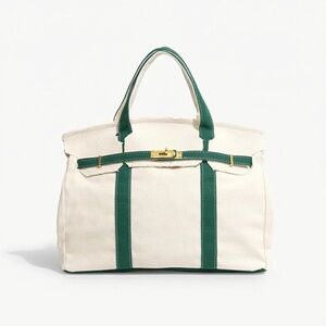 Chic Cream and Green Canvas Tote Bag Boatkin